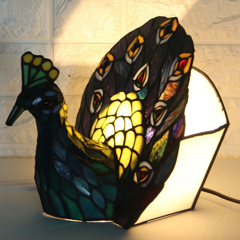 Lampe de nuit bleue à 1 tête, vitrail méditerranéen, éclairage de table en forme de paon Clearhalo