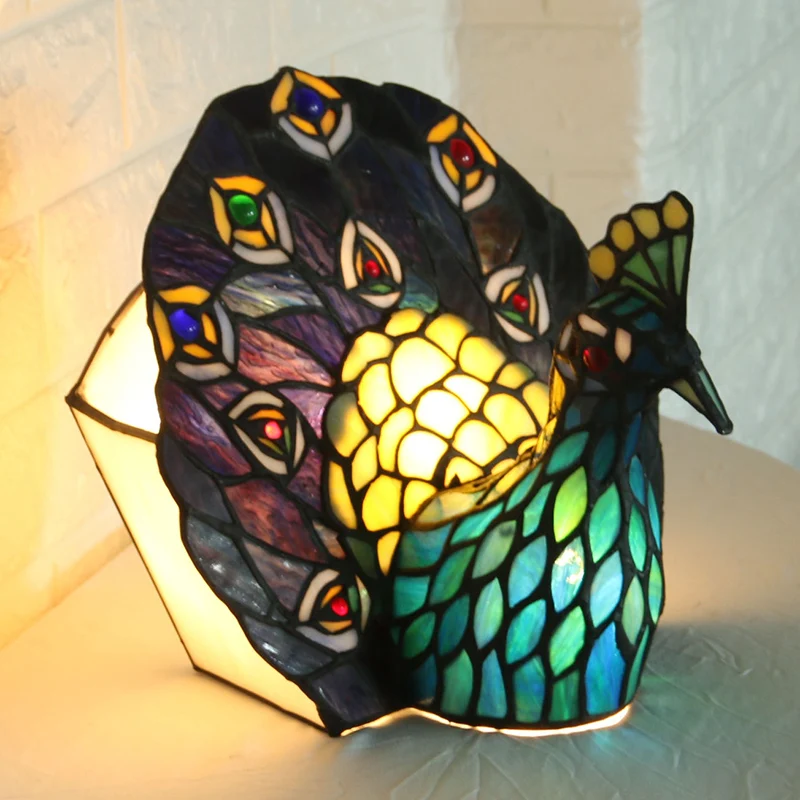Lampe de nuit bleue à 1 tête, vitrail méditerranéen, éclairage de table en forme de paon Clearhalo