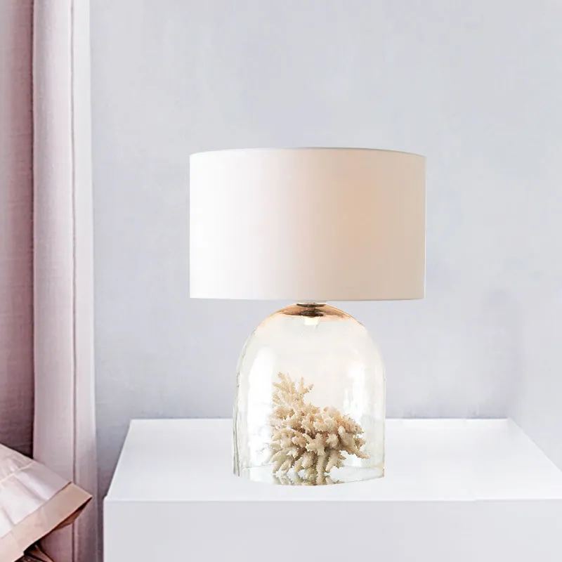 Lampe de nuit en forme de cloche pour chambre à coucher, campagne, verre transparent, 1 lumière, tissu blanc, lampe de tab...