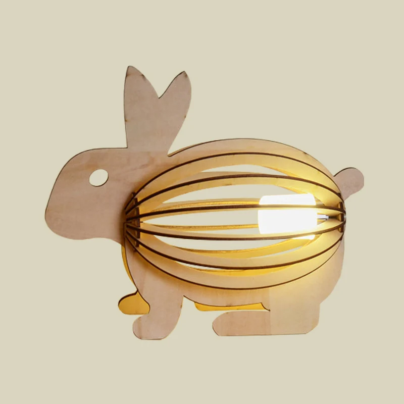 Lampe de nuit en forme de lapin ajouré pour enfants, lampe de table LED rechargeable par USB en bois marron clair Clearhalo