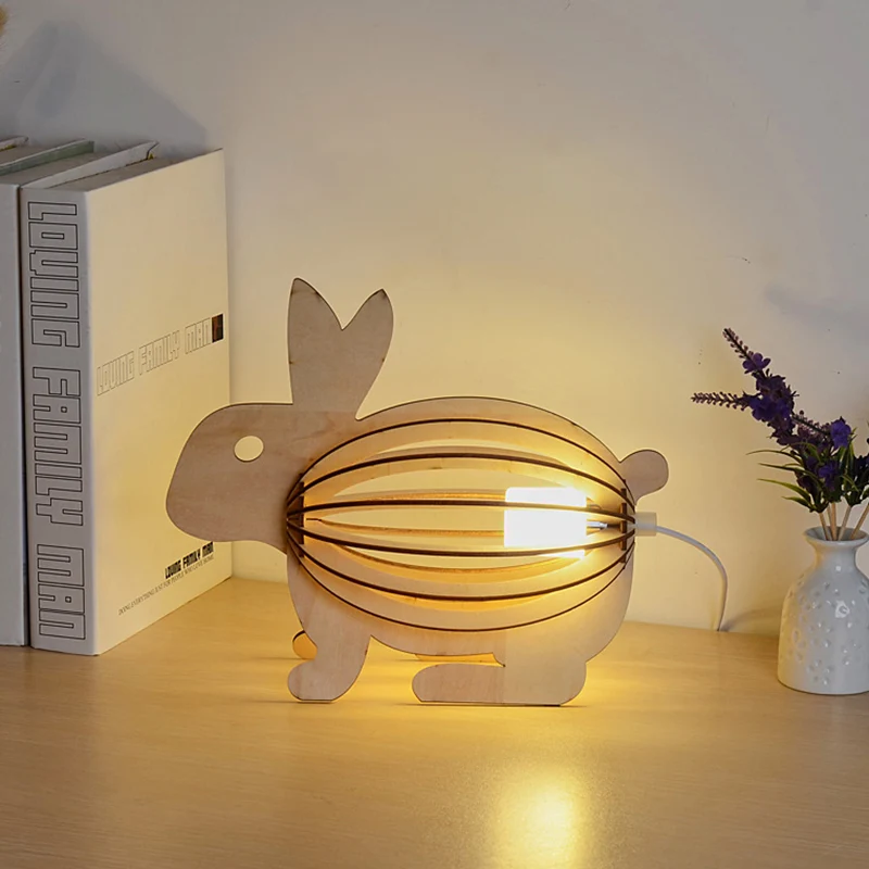 Lampe de nuit en forme de lapin ajouré pour enfants, lampe de table LED rechargeable par USB en bois marron clair Clearhalo