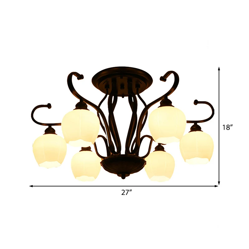 Lampe Semi-affleurante en forme de fleur pour salon, verre blanc classique, 3/6/8 lumières, éclairage de plafond noir Clea...
