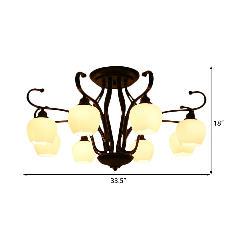 Lampe Semi-affleurante en forme de fleur pour salon, verre blanc classique, 3/6/8 lumières, éclairage de plafond noir Clea...