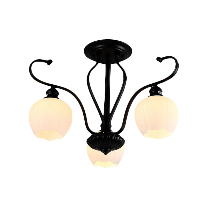 Lampe Semi-affleurante en forme de fleur pour salon, verre blanc classique, 3/6/8 lumières, éclairage de plafond noir Clea...