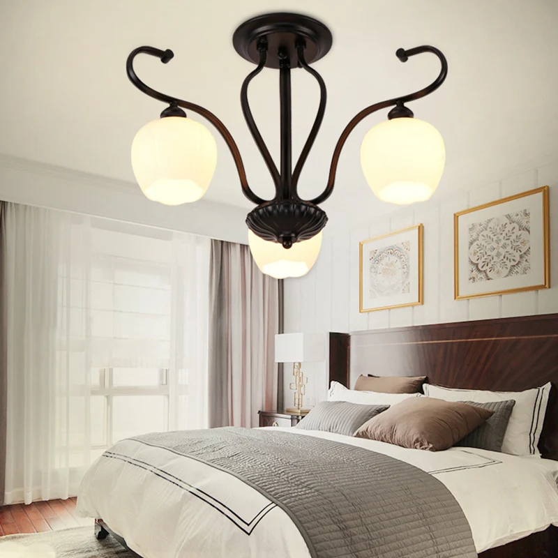 Lampe Semi-affleurante en forme de fleur pour salon, verre blanc classique, 3/6/8 lumières, éclairage de plafond noir Clea...