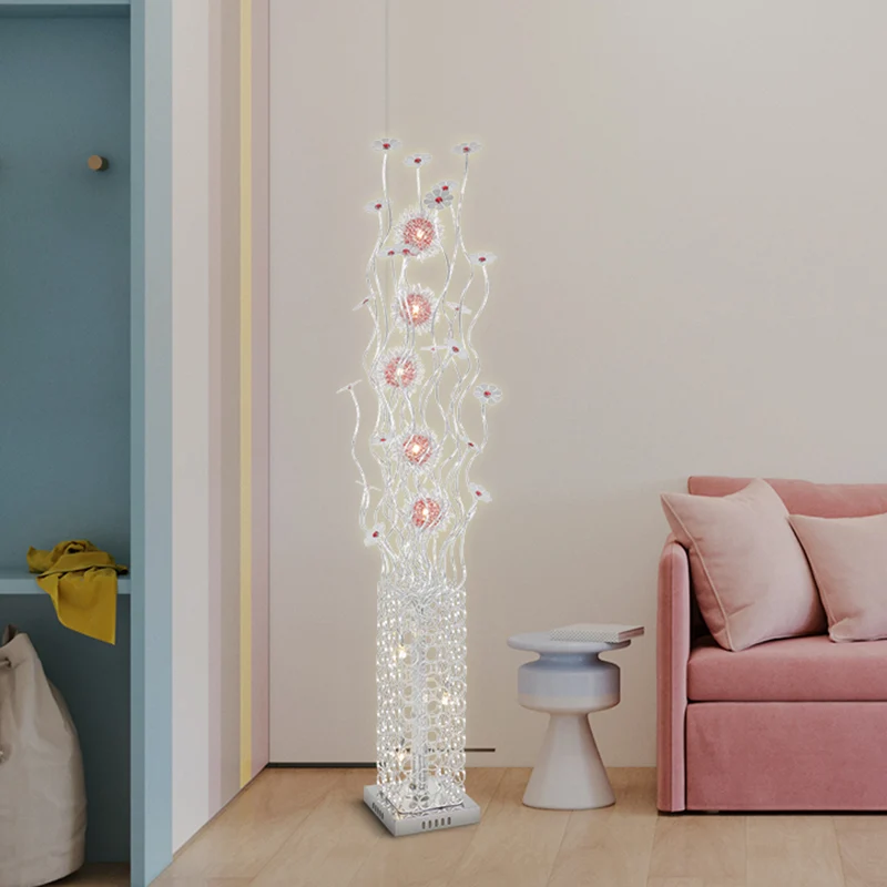 Lampe sur pied métallique cuboïde, éclairage décoratif de sol LED pour salon, Design fleuron en argent, lumière chaude/bla...
