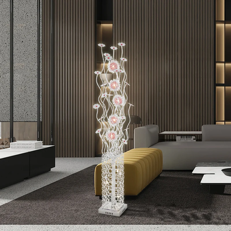 Lampe sur pied métallique cuboïde, éclairage décoratif de sol LED pour salon, Design fleuron en argent, lumière chaude/bla...