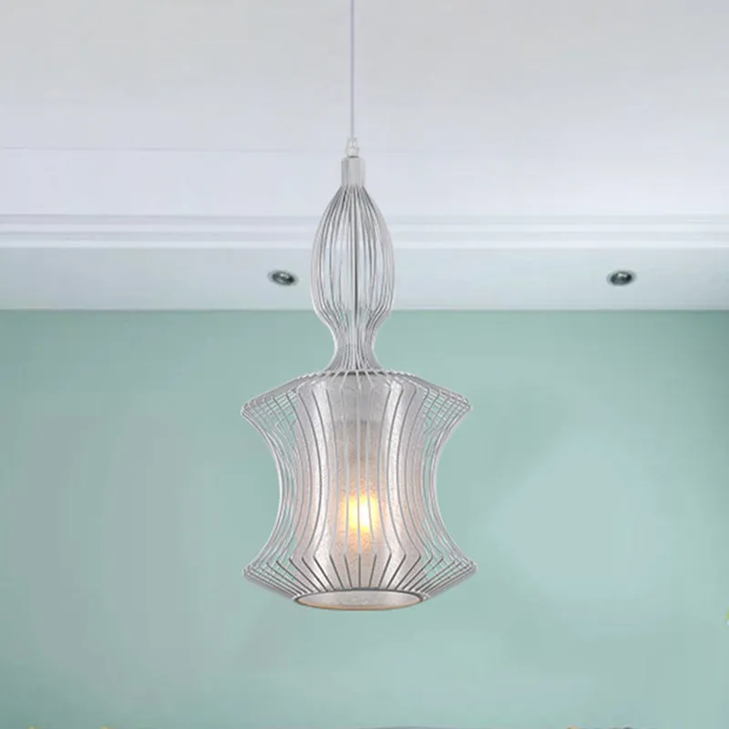Lampe suspendue en cage de lanterne argentée, plafonnier moderne à 1 lumière en métal avec abat-jour cylindrique à l'intér...