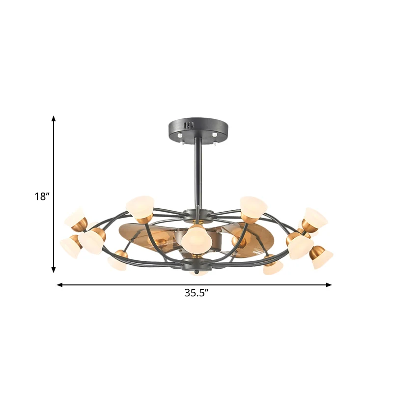 Lampe suspendue à cage ovale en métal à 3 pales, luminaire moderniste LED noir semi-encastré, 35,5 po de largeur Clearhalo