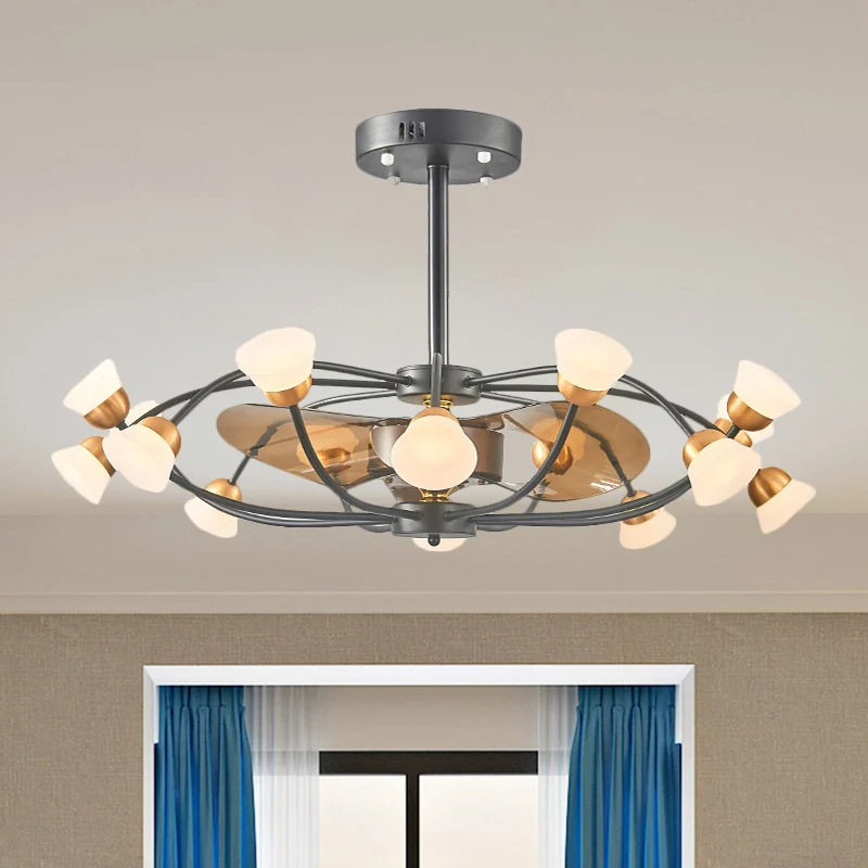 Lampe suspendue à cage ovale en métal à 3 pales, luminaire moderniste LED noir semi-encastré, 35,5 po de largeur Clearhalo