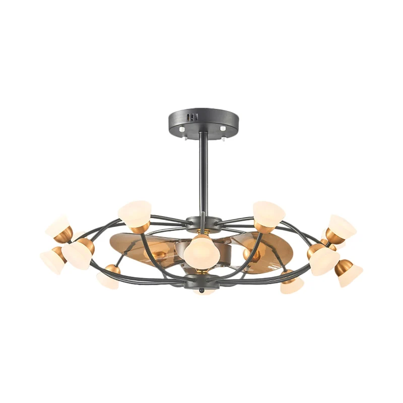 Lampe suspendue à cage ovale en métal à 3 pales, luminaire moderniste LED noir semi-encastré, 35,5 po de largeur Clearhalo