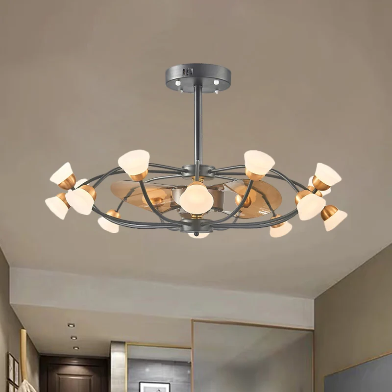 Lampe suspendue à cage ovale en métal à 3 pales, luminaire moderniste LED noir semi-encastré, 35,5 po de largeur Clearhalo