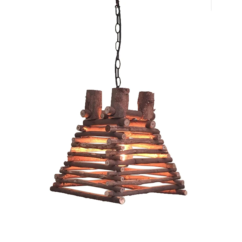 Lampe suspendue chinoise à 1 tête, luminaire suspendu trapézoïdal rouge-marron avec abat-jour en bois Clearhalo