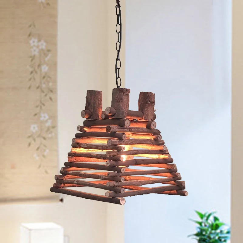 Lampe suspendue chinoise à 1 tête, luminaire suspendu trapézoïdal rouge-marron avec abat-jour en bois Clearhalo