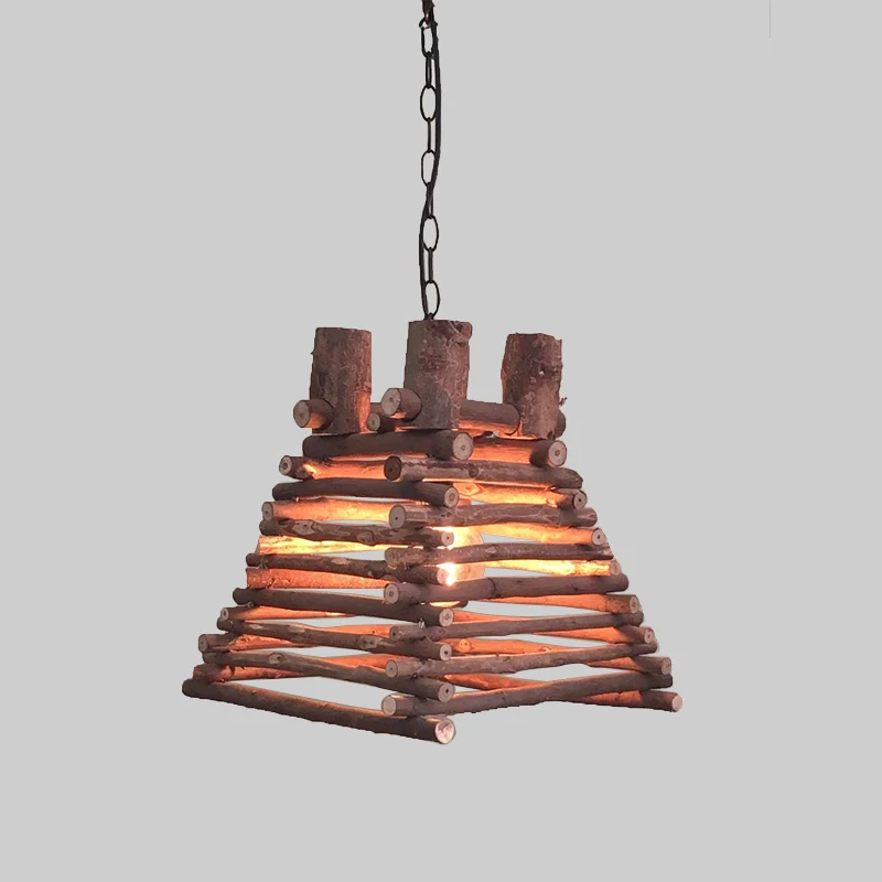 Lampe suspendue chinoise à 1 tête, luminaire suspendu trapézoïdal rouge-marron avec abat-jour en bois Clearhalo