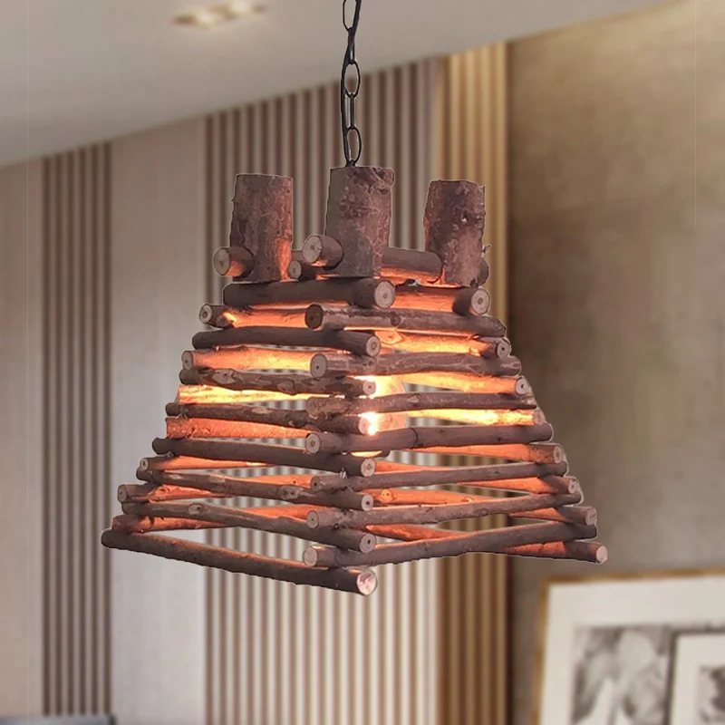 Lampe suspendue chinoise à 1 tête, luminaire suspendu trapézoïdal rouge-marron avec abat-jour en bois Clearhalo