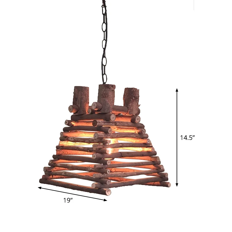 Lampe suspendue chinoise à 1 tête, luminaire suspendu trapézoïdal rouge-marron avec abat-jour en bois Clearhalo