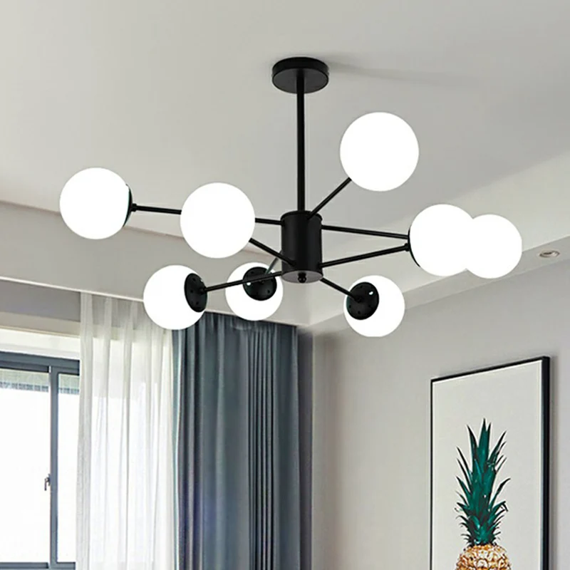 Lampe suspendue à éclat noir, lustre moderne en métal avec abat-jour en verre opalin boule pour chambre à coucher Clearhalo