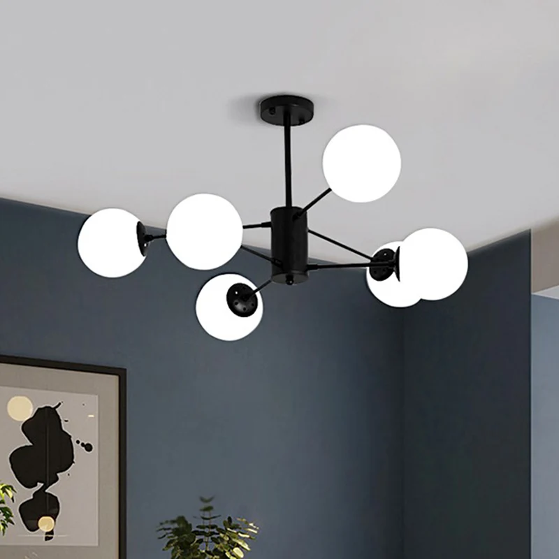 Lampe suspendue à éclat noir, lustre moderne en métal avec abat-jour en verre opalin boule pour chambre à coucher Clearhalo
