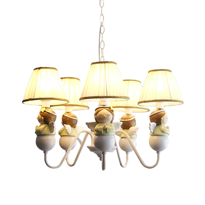 Lampe suspendue conique en tissu, lustre blanc à 5 têtes avec décoration d'ange Clearhalo