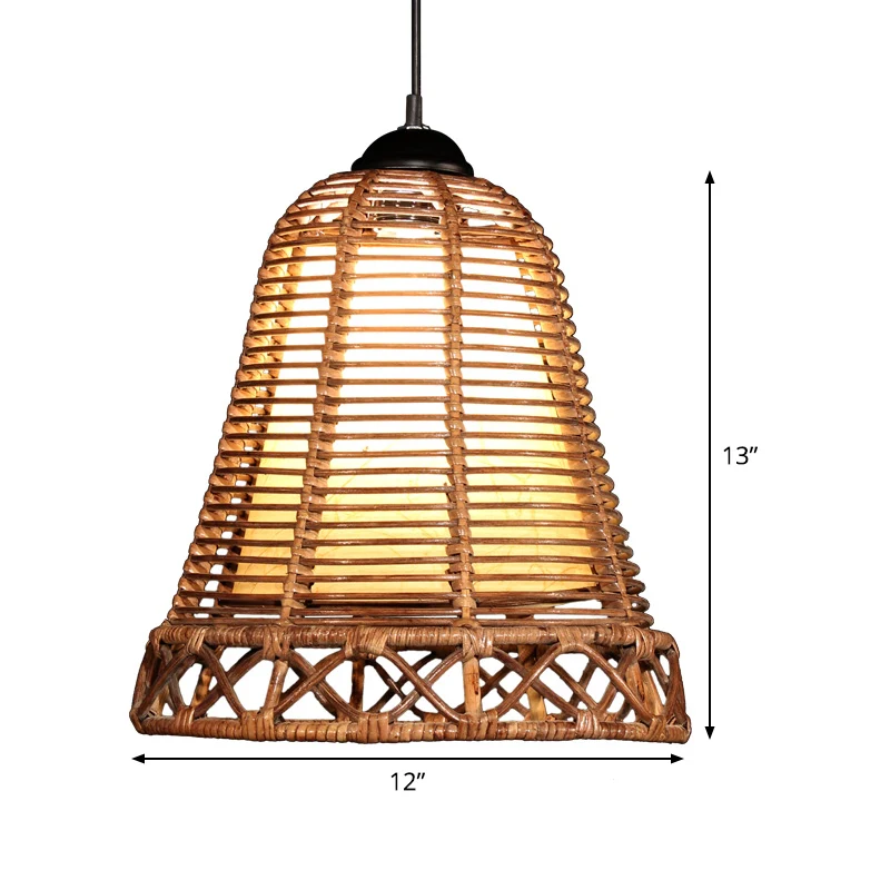 Lampe suspendue en forme de trompette japonaise, 1 ampoule en bambou, kaki Clearhalo