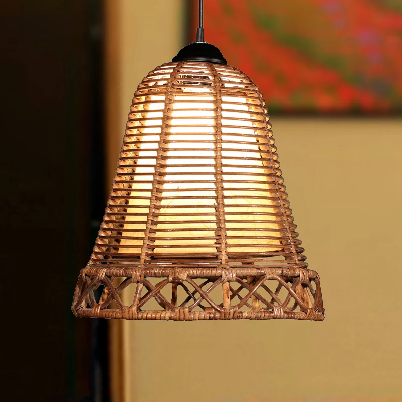 Lampe suspendue en forme de trompette japonaise, 1 ampoule en bambou, kaki Clearhalo