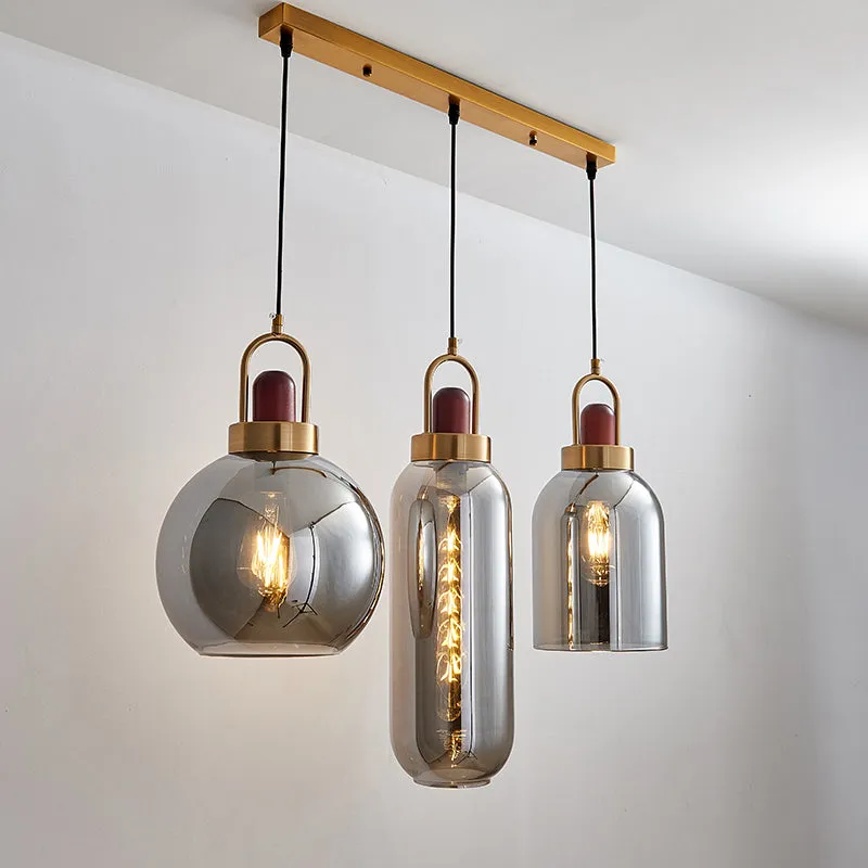 Lampe suspendue à grappe géométrique en verre gris fumé, Kit de lampe suspendue minimaliste à 3 têtes marron pour salle à...