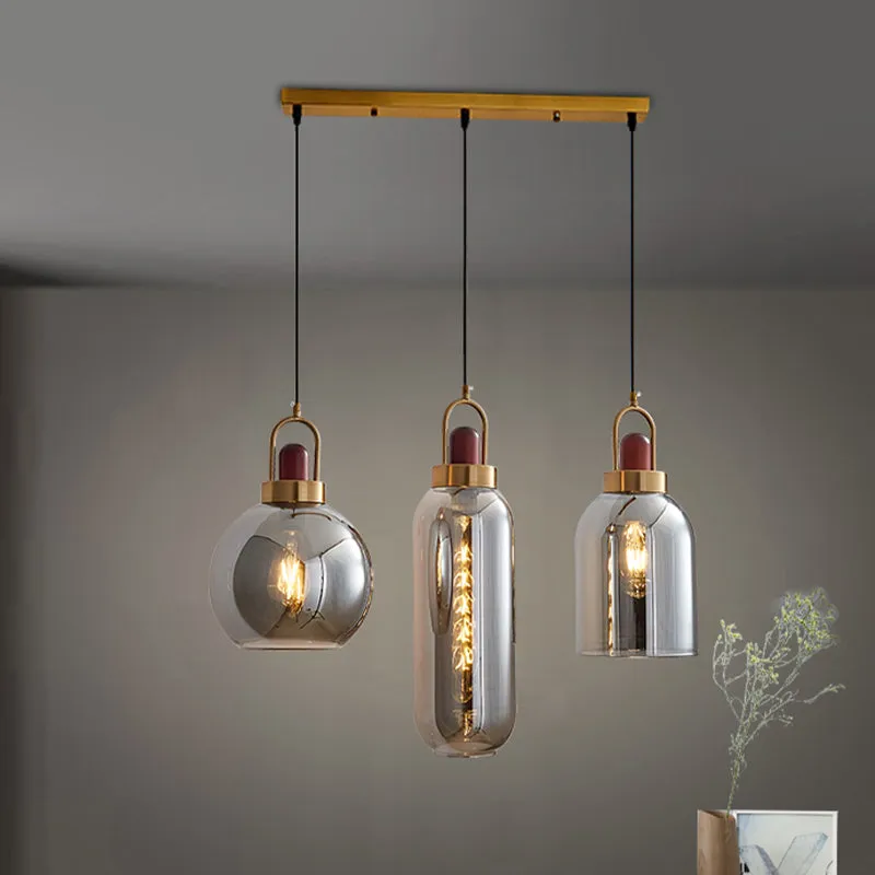 Lampe suspendue à grappe géométrique en verre gris fumé, Kit de lampe suspendue minimaliste à 3 têtes marron pour salle à...