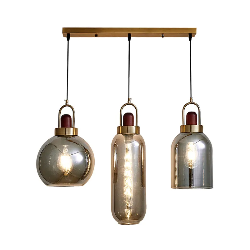 Lampe suspendue à grappe géométrique en verre gris fumé, Kit de lampe suspendue minimaliste à 3 têtes marron pour salle à...