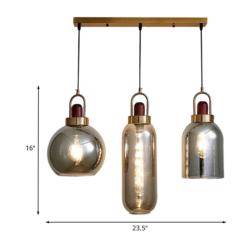 Lampe suspendue à grappe géométrique en verre gris fumé, Kit de lampe suspendue minimaliste à 3 têtes marron pour salle à...