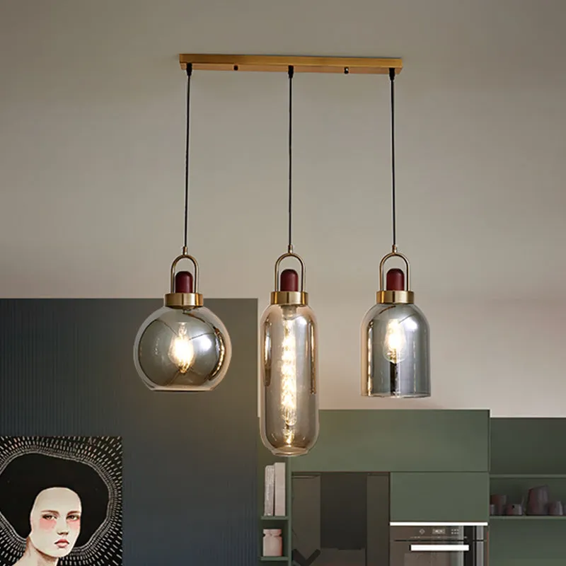 Lampe suspendue à grappe géométrique en verre gris fumé, Kit de lampe suspendue minimaliste à 3 têtes marron pour salle à...