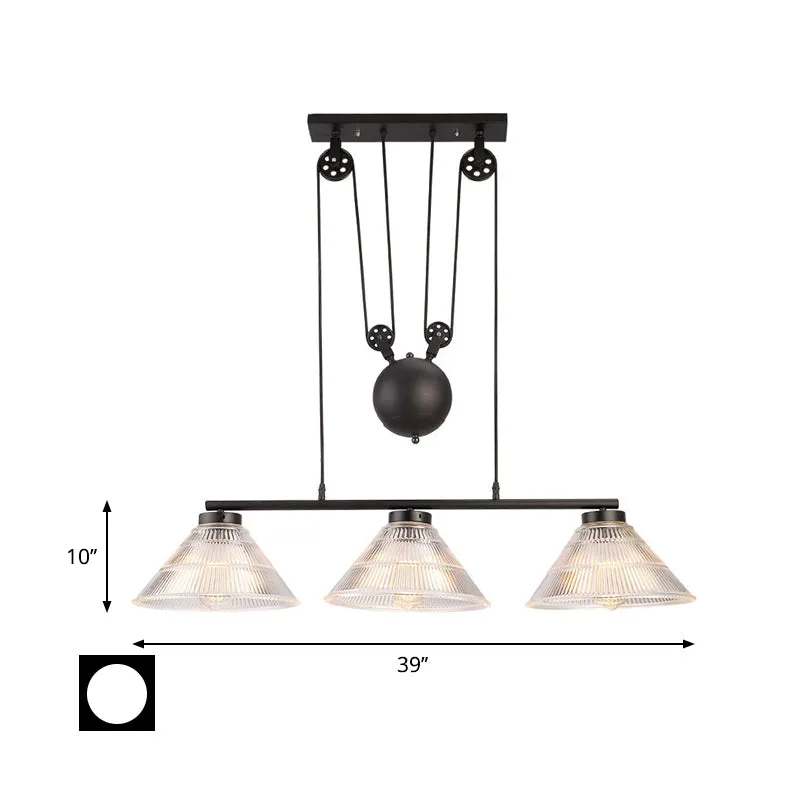 Lampe suspendue industrielle à cône suspendu à 2/3 lumières en verre prismatique noir avec poulie réglable Clearhalo