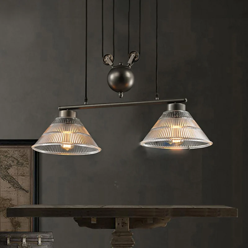 Lampe suspendue industrielle à cône suspendu à 2/3 lumières en verre prismatique noir avec poulie réglable Clearhalo