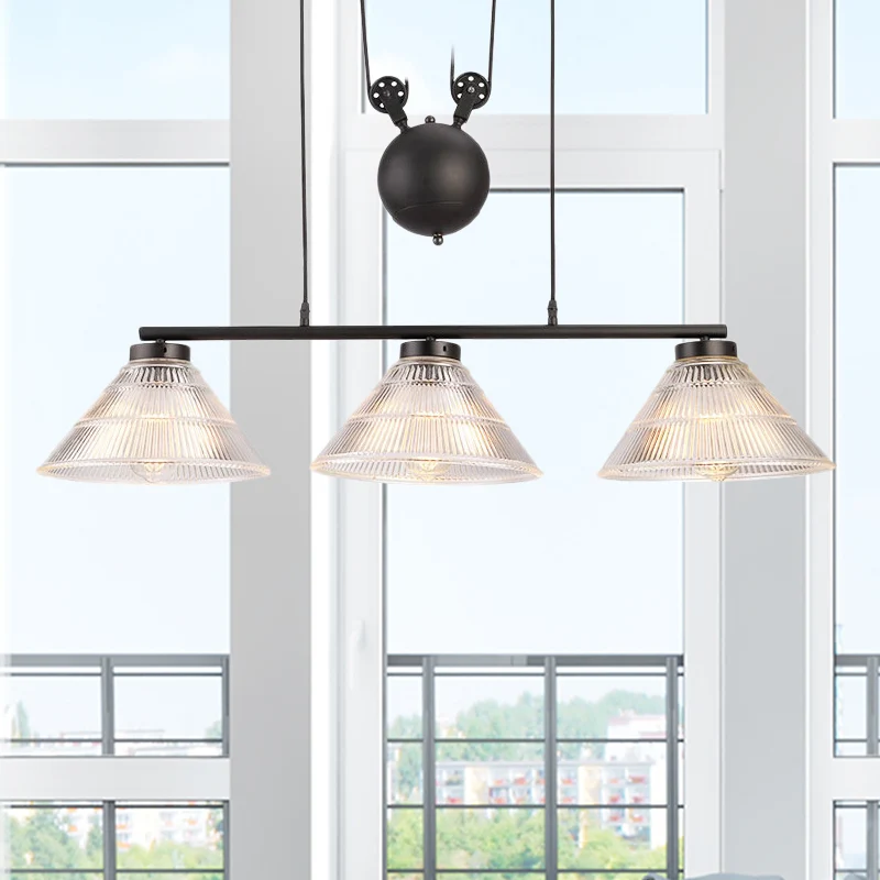 Lampe suspendue industrielle à cône suspendu à 2/3 lumières en verre prismatique noir avec poulie réglable Clearhalo