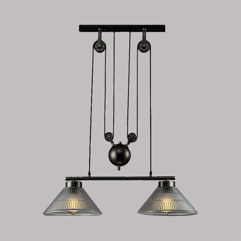Lampe suspendue industrielle à cône suspendu à 2/3 lumières en verre prismatique noir avec poulie réglable Clearhalo