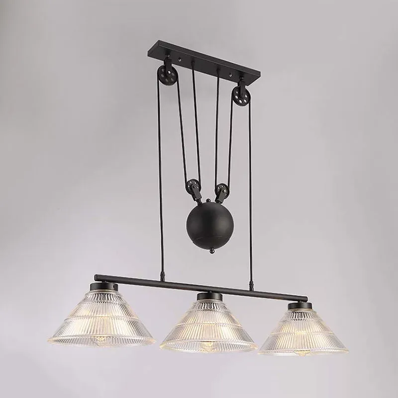 Lampe suspendue industrielle à cône suspendu à 2/3 lumières en verre prismatique noir avec poulie réglable Clearhalo