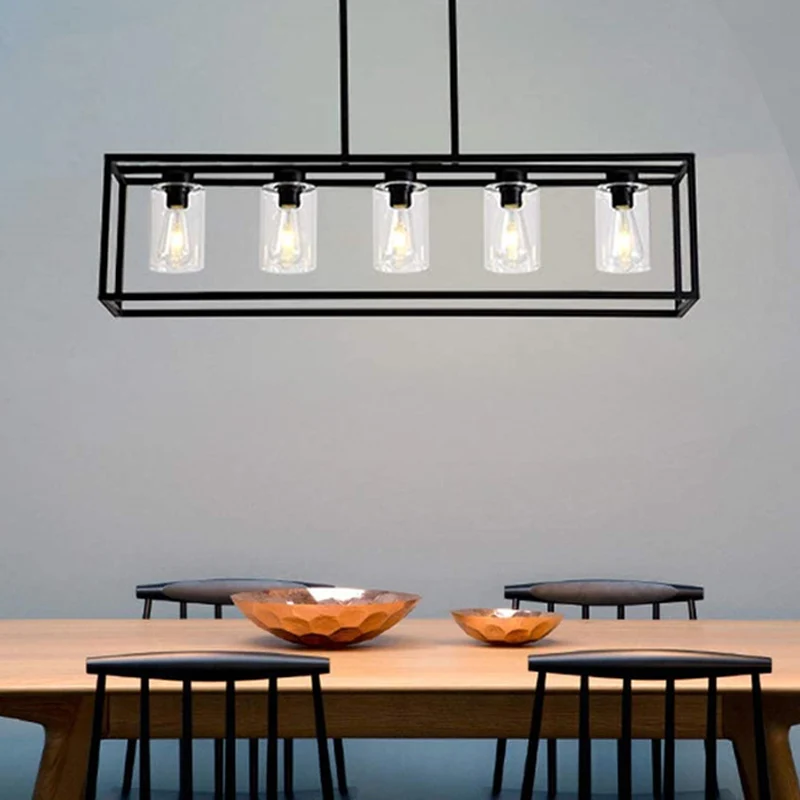 Lampe suspendue industrielle en verre transparent à abat-jour cylindrique, 3/5 lumières, lampe d'îlot haut/bas pour dinett...