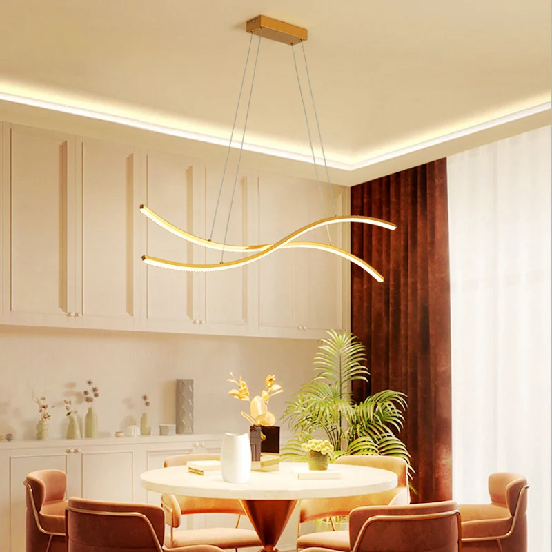 Lampe suspendue LED pour restaurant ondulé, plafonnier métallique minimaliste en or Clearhalo