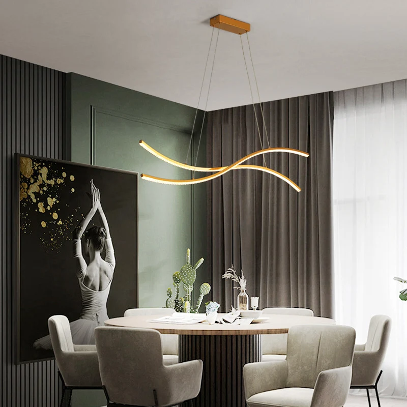 Lampe suspendue LED pour restaurant ondulé, plafonnier métallique minimaliste en or Clearhalo