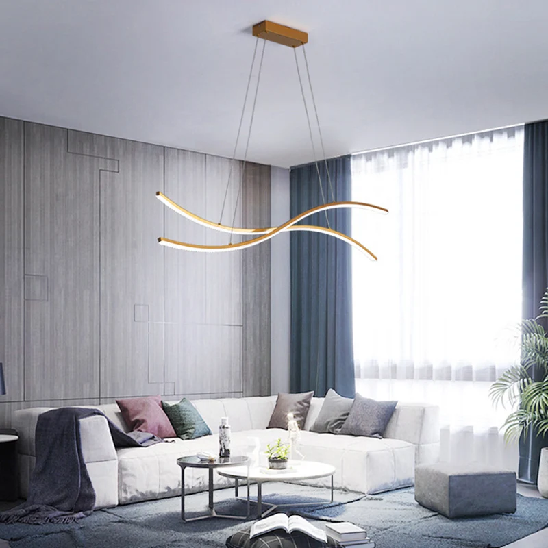 Lampe suspendue LED pour restaurant ondulé, plafonnier métallique minimaliste en or Clearhalo