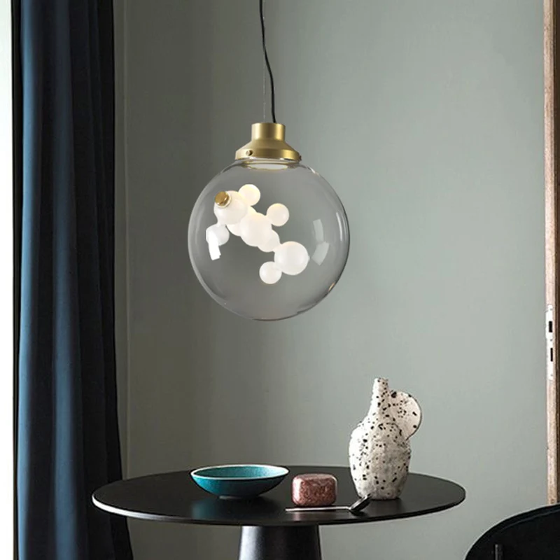 Lampe suspendue minimaliste et créative, 1 ampoule, verre transparent doré, Long cône/Globe, plafond avec décoration à bul...