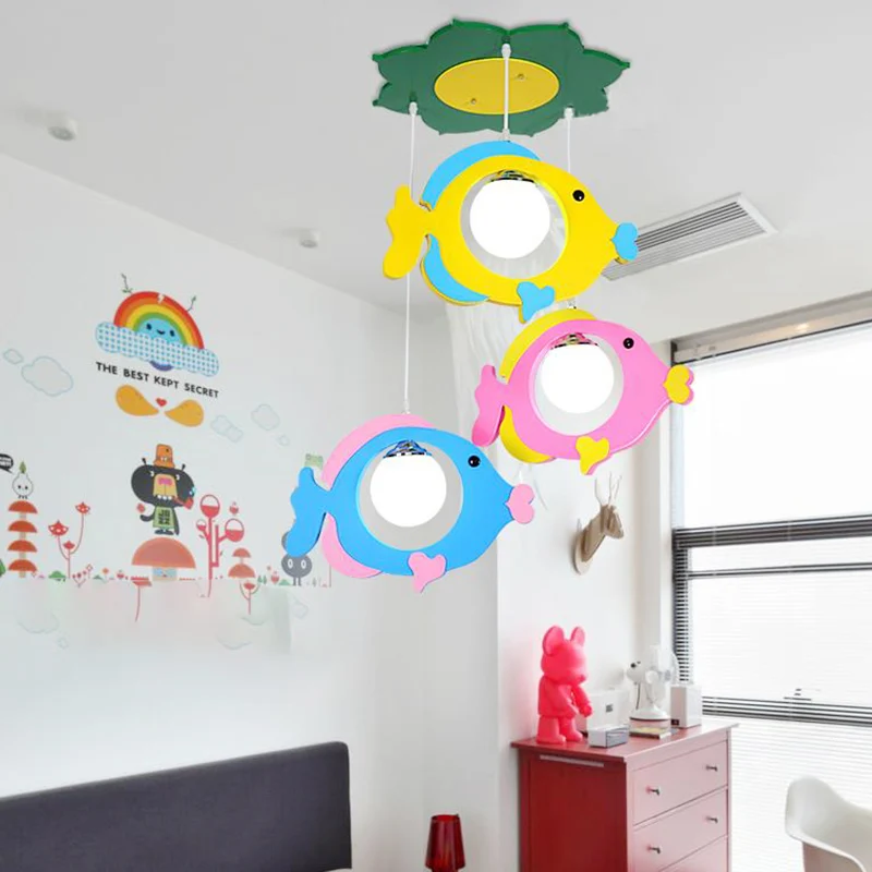 Lampe suspendue multicolore en forme de poisson, 3 lumières, plafond en métal pour enfants, pour magasin de tissus Clearhalo