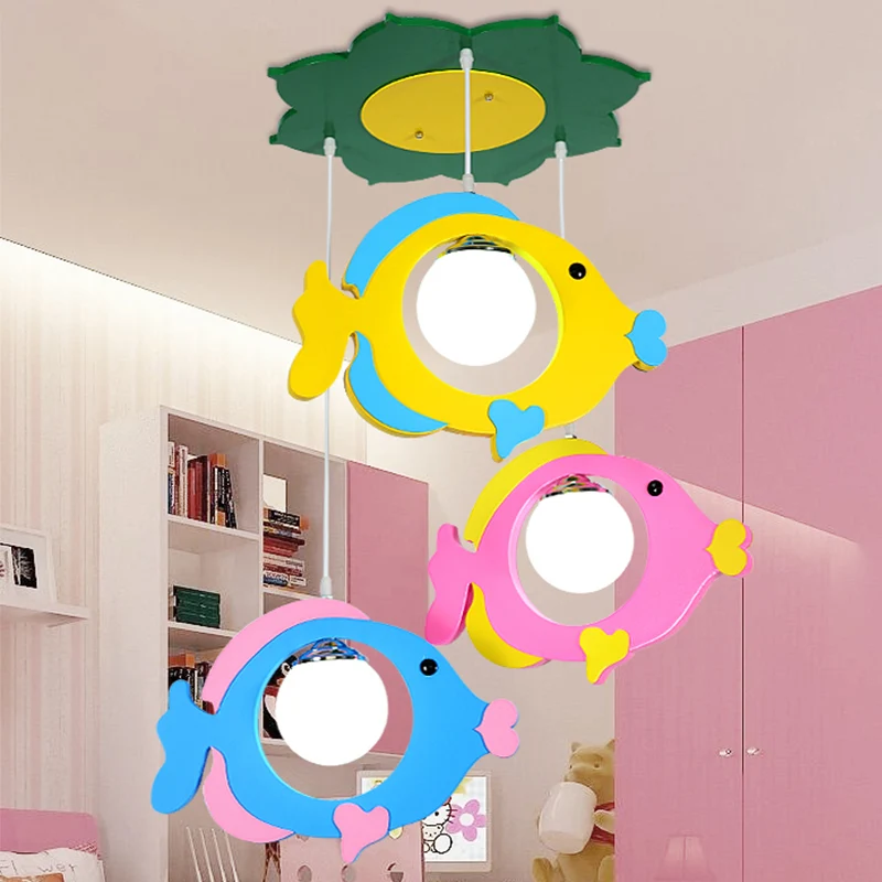 Lampe suspendue multicolore en forme de poisson, 3 lumières, plafond en métal pour enfants, pour magasin de tissus Clearhalo