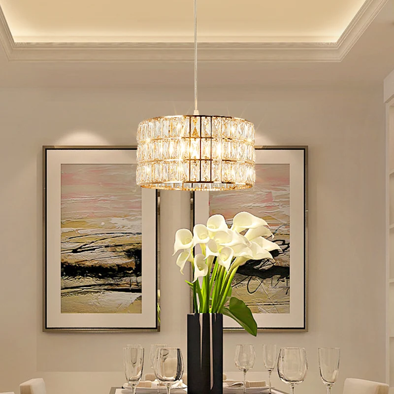 Lampe suspendue à tambour doré, luminaire contemporain en cristal transparent à 1 lumière pour table à manger Clearhalo