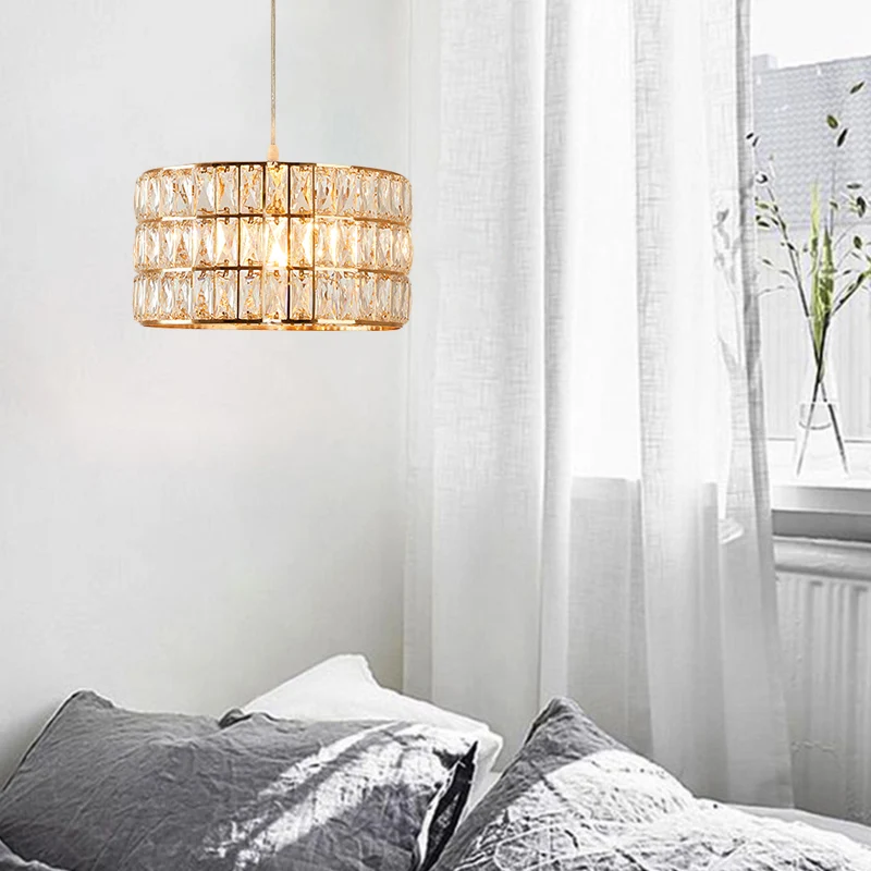 Lampe suspendue à tambour doré, luminaire contemporain en cristal transparent à 1 lumière pour table à manger Clearhalo