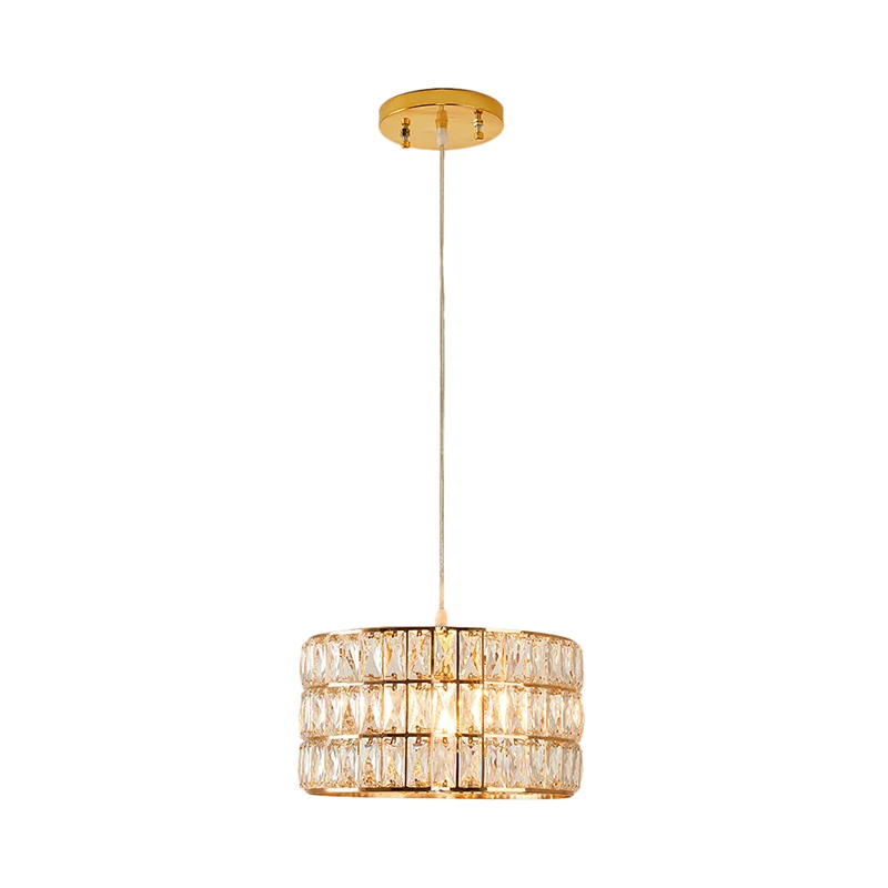 Lampe suspendue à tambour doré, luminaire contemporain en cristal transparent à 1 lumière pour table à manger Clearhalo