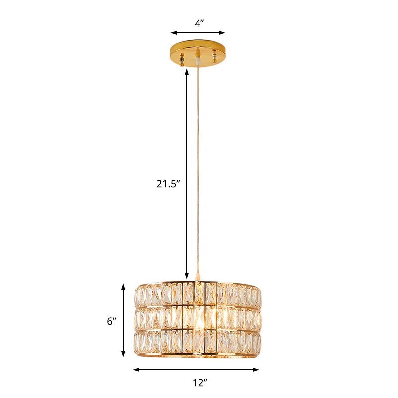 Lampe suspendue à tambour doré, luminaire contemporain en cristal transparent à 1 lumière pour table à manger Clearhalo