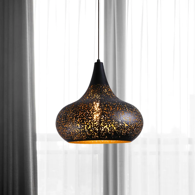 Lampe suspendue Vintage en forme de gourde gravée à 1 ampoule, Kit d'éclairage suspendu en fer noir pour Restaurant Clearhalo