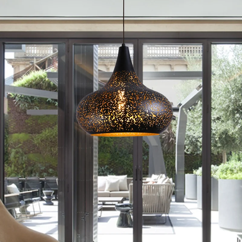 Lampe suspendue Vintage en forme de gourde gravée à 1 ampoule, Kit d'éclairage suspendu en fer noir pour Restaurant Clearhalo
