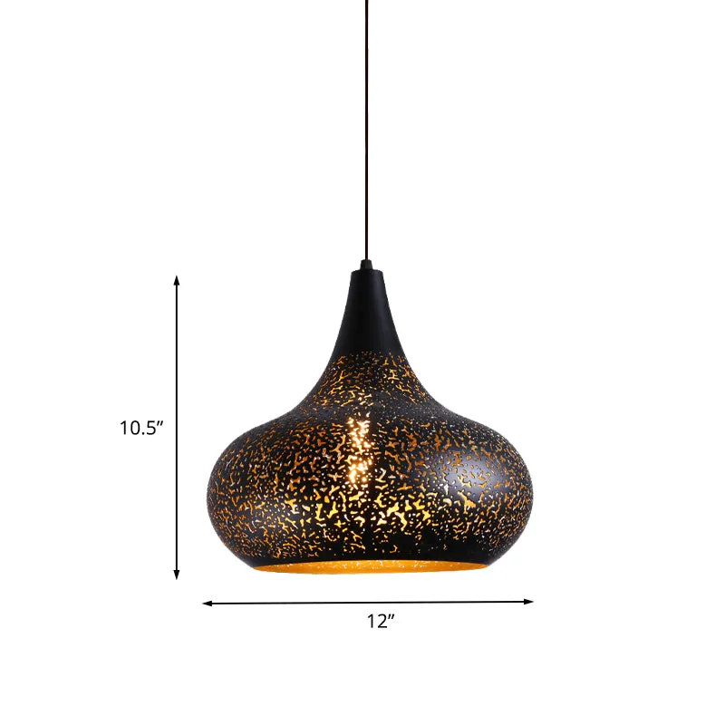 Lampe suspendue Vintage en forme de gourde gravée à 1 ampoule, Kit d'éclairage suspendu en fer noir pour Restaurant Clearhalo